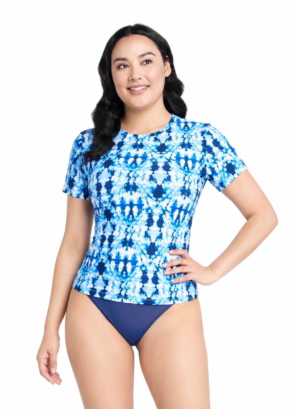 Time and Tru Women’s Rash Guard Short Sleeve Tie Dye Blue Swim Top Small fitted